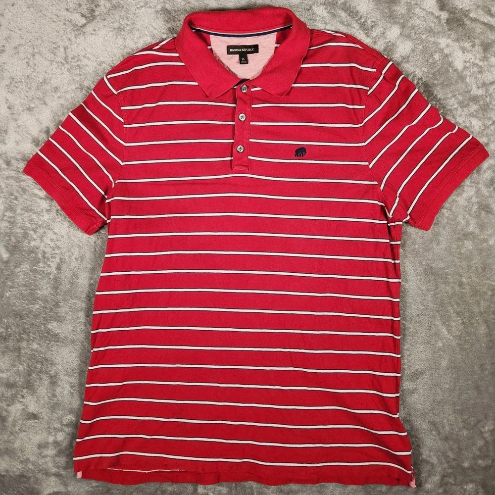 Banana Republic Polo Mens XL ST Woven ST Polo Red Striped Elephant Logo EUC